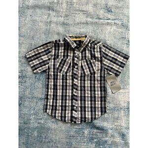 NWT! Mick Mack Dark Blue White Yellow Plaid Short Sleeve Button Down Size 7